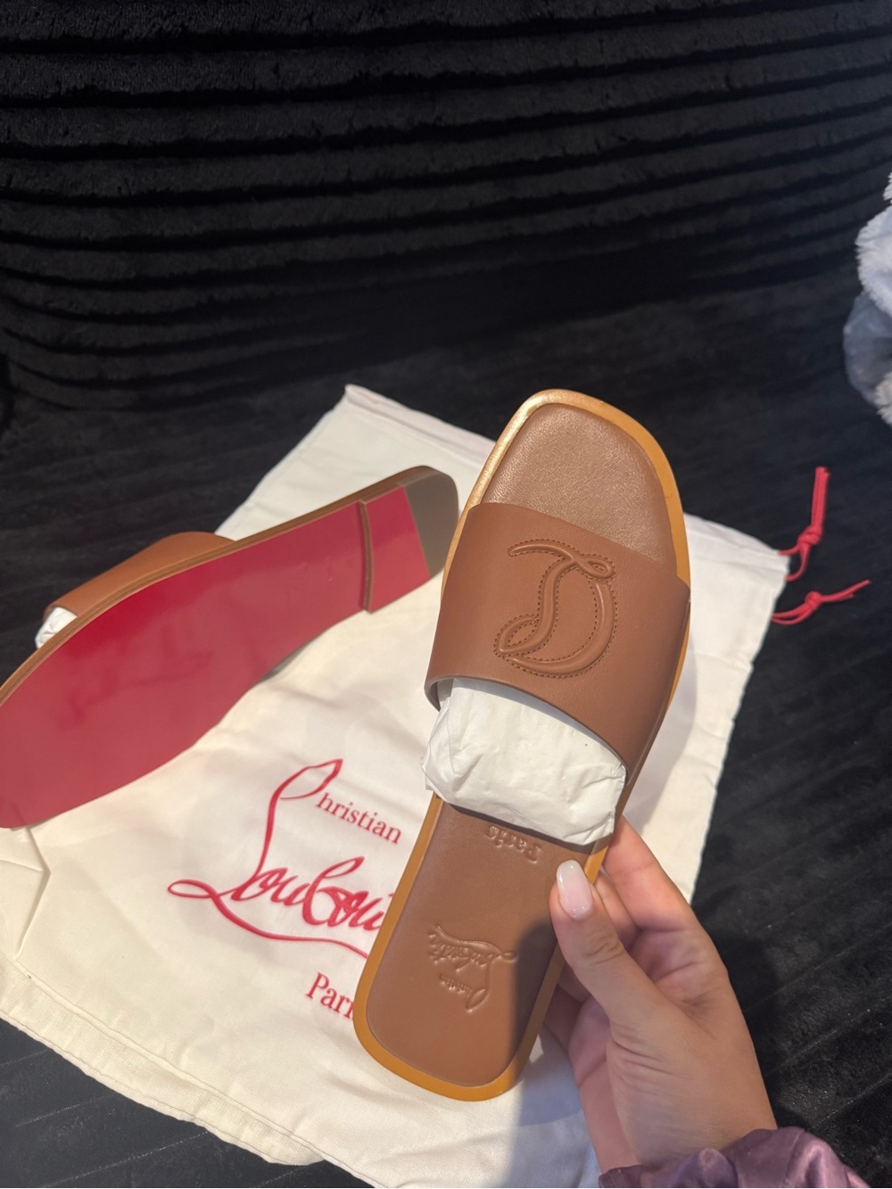 Christian Louboutin Tan/Brown Leather Slide Sandals with Signature Red Sole